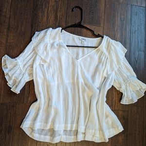 Express white ruffle blouse with gold accents